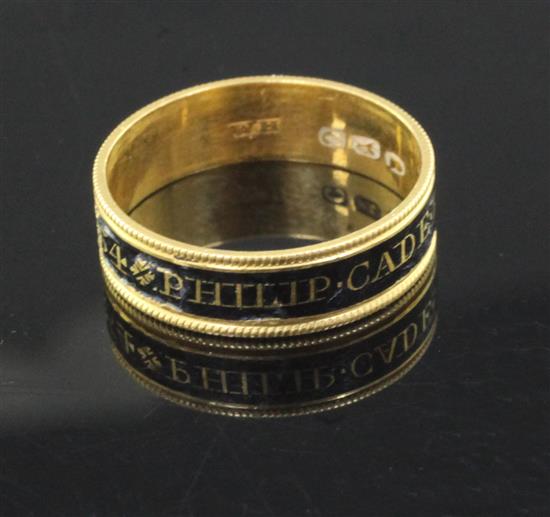 A George III 22ct gold and black enamel mourning band